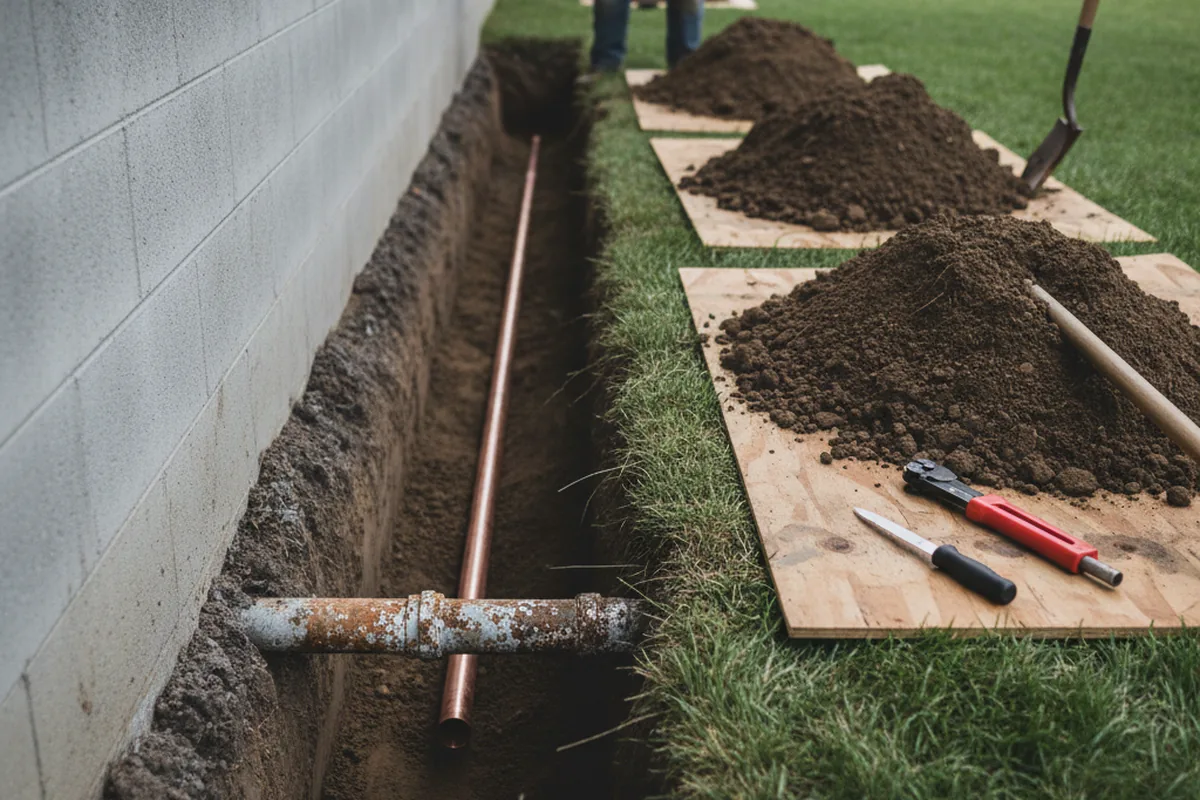 Excavated water line trench during Sewer Line Repair in Royal